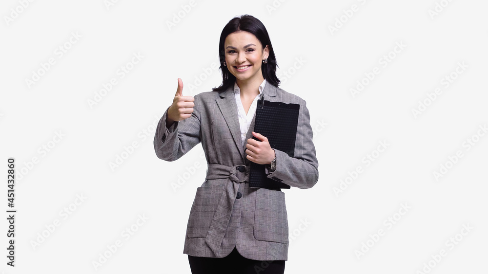Smiling businesswoman with clipboard isolated on white. Smiling businesswoman with clipboard isolated on white.