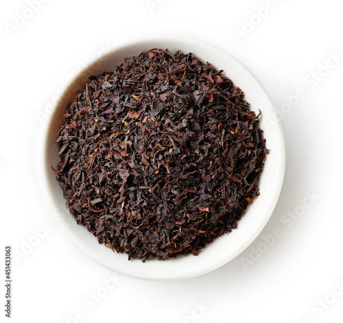 Bowl of Earl Grey tea isolated on white; from above