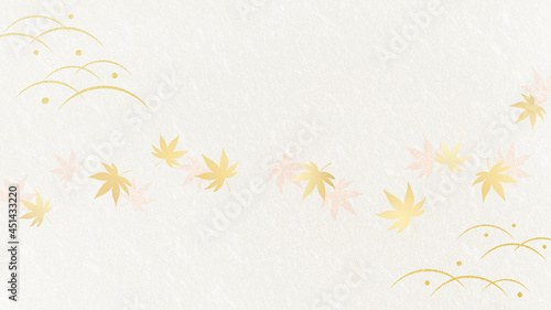 金色のもみじと露芝　秋の和風背景素材（白背景）