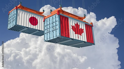 Freigth Containers with Japan and Canada national flags. 3D Rendering