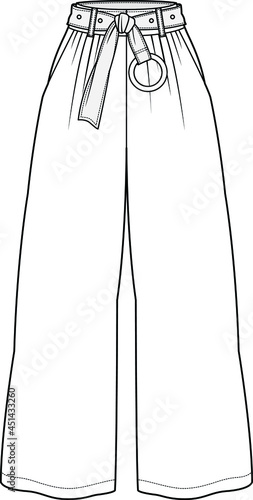 women belted high waist trouser wide leg palazzo pant flat sketch vector illustration
