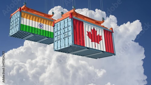 Freigth Containers with India and Canada national flags. 3D Rendering