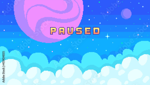 Stream banner with phrase Paused. Planets and clouds on starry sky.