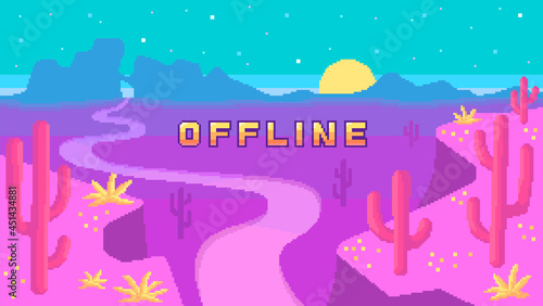 Stream banner with phrase Offline. Wild west location with cactuses and road.