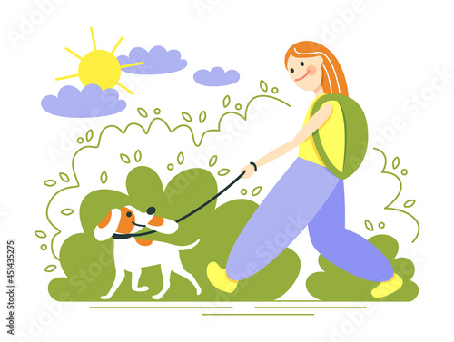 The girl is walking her dog in the park. Enjoy the summer day and the sun. Flat vector illustration.