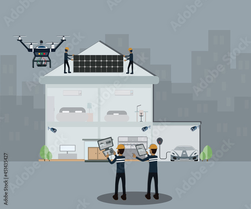 Flat design of solar cell tectnology, The technician monotoring staff setting solar cell on  the roof from drone - vector photo