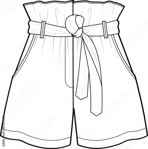women paper bag waist short flat sketch vector illustration
