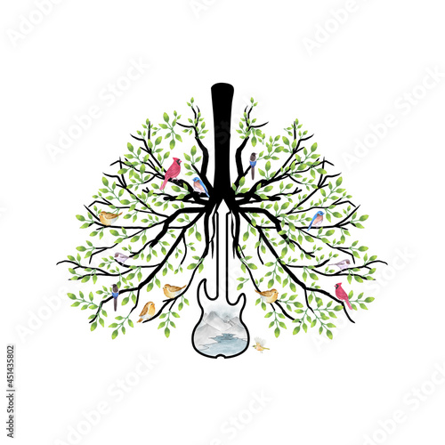 Guitar landscape with nature and birds forming healthy lung anatomy