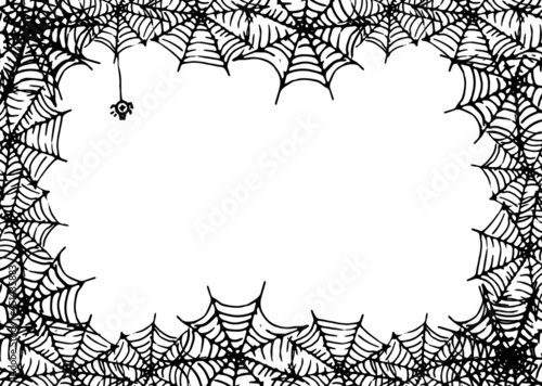 Vector frame made of spider web with an empty space for text. Horizontal rectangular template made of doodle-style black spider web with a spider on a white background for a Halloween design template