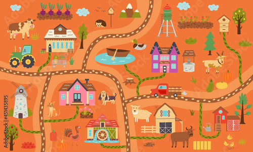 Autumn horizontal rustic farm map. Map constructor village, farm animals, ranch. Nursery design for posters, carpet, children room. Vector hand draw illustration