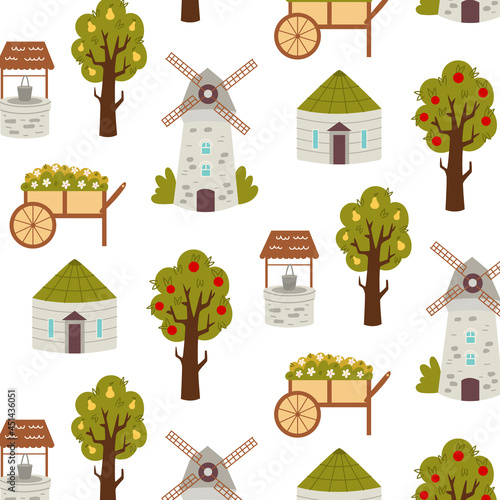 Seamless pattern elevator mill fruit trees. Repetitive background with a rustic motif. Vector hand draw paper, nursery design wallpaper