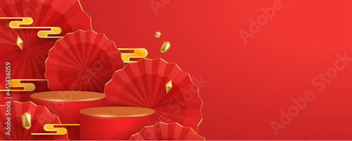 3D illustration of Chinese New Year red and golden theme podium scene with paper graphic style of oriental festive elements on background for product display. Wide copy space for design.
