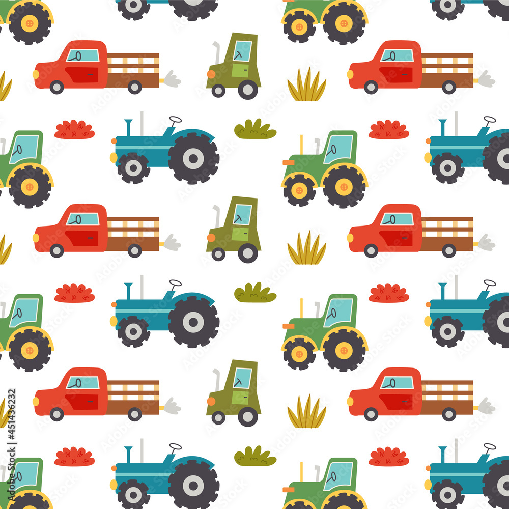 Seamless pattern of farm tractors machines. Repetitive background with a rustic motif. Vector hand draw paper, nursery design wallpaper