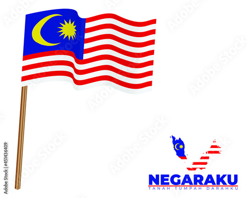 Malaysia waving flag, map, "Negaraku" and "Tanah Tumpah" Darahku word. Negaraku meaning my country. Tanah Tumpah Darahku meaning is somewhere I belong