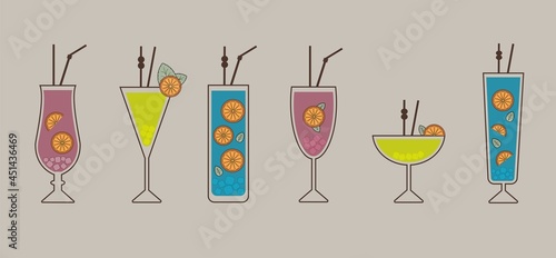 Set of bright popular cocktail icons. Vector alcohol drink illustration on gray background.