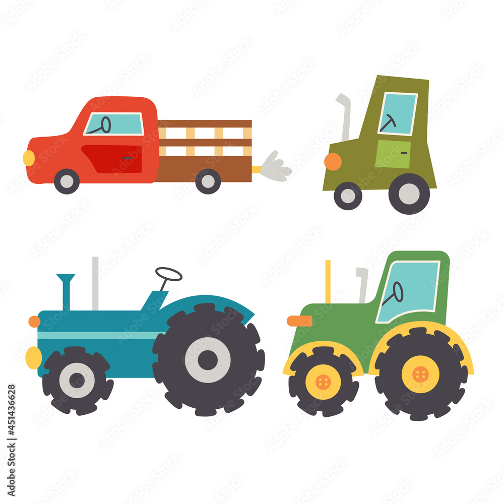 Set farm machines tractors. Rural transport. Vector hand draw clipart