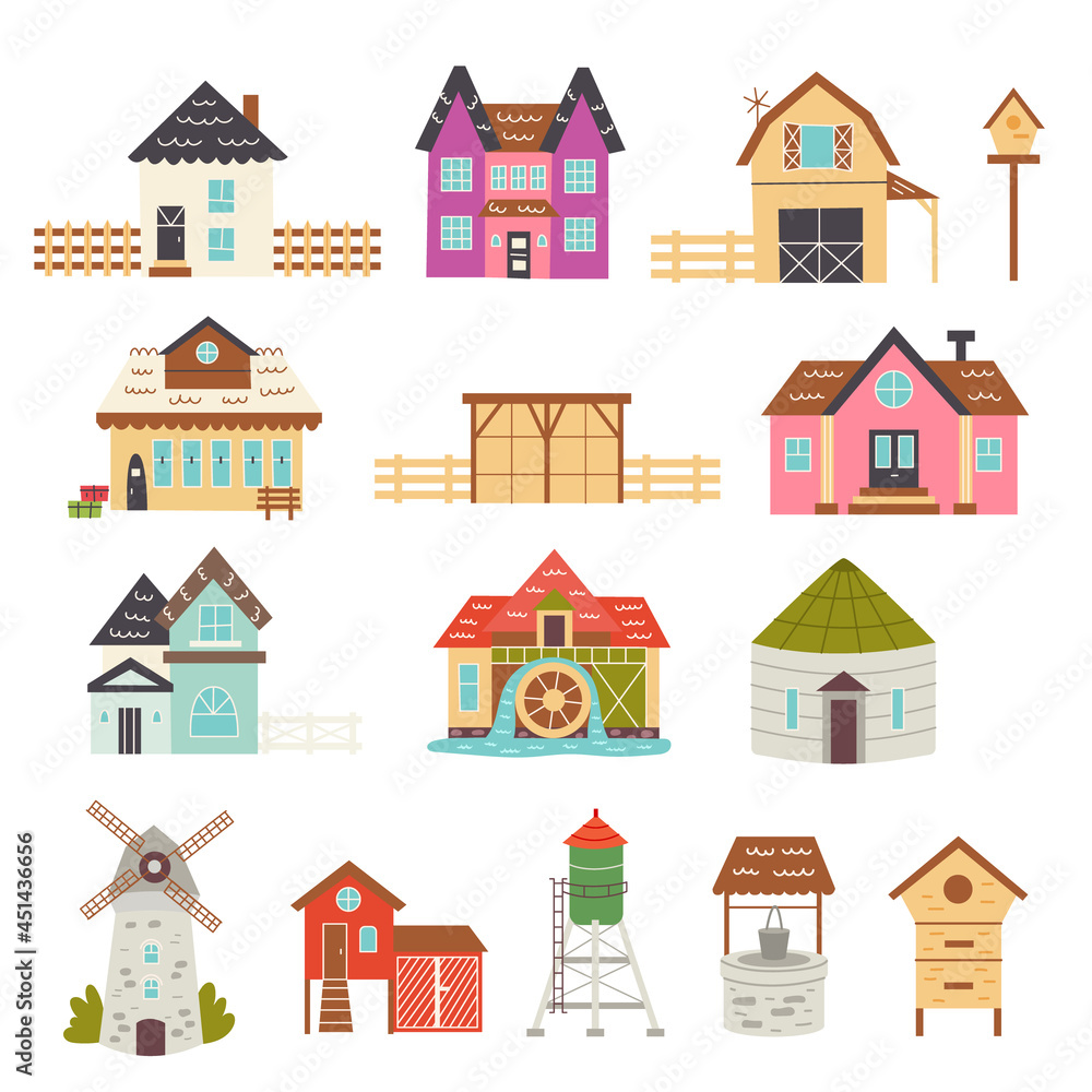 Set of farmhouse buildings. Cottages, railway station, barn, mill, elevator, chicken coop, water tower, well, apiary. Vector hand draw clipart 