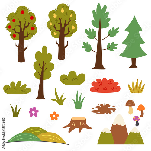 Set countryside trees shrubs plants. Fruit trees apple, pear, bushes, spruce, pine, mountains, fields, stump. Vector hand draw clipart