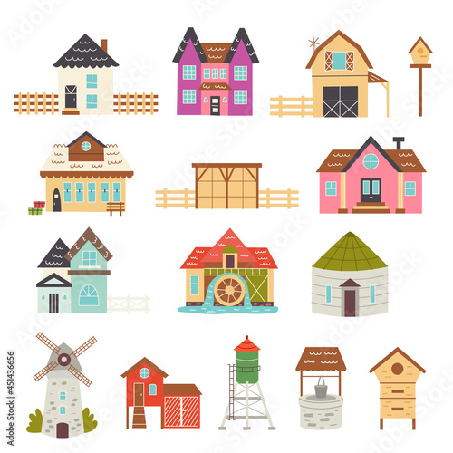 Set of farmhouse buildings. Cottages, railway station, barn, mill, elevator, chicken coop, water tower, well, apiary. Vector hand draw clipart 
