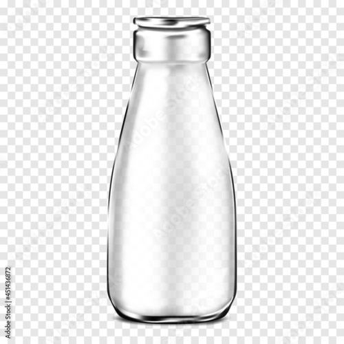 Open clear glass bottle on transparent background, vector mockup. Empty drinking jar, realistic mock-up