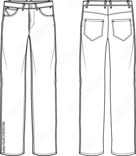 straight denim jeans retro button fly pant fashion trouser flat sketch vector illustration 