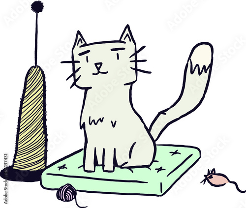 cute vector cat with scratcher and mouse