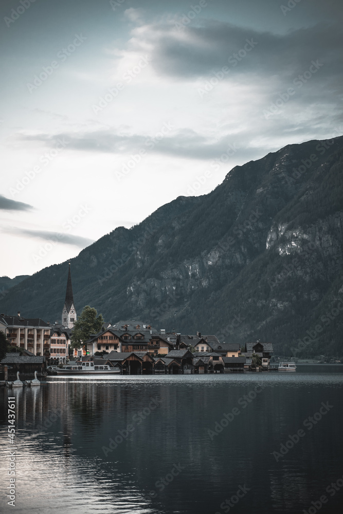 City near the lake in the mountains