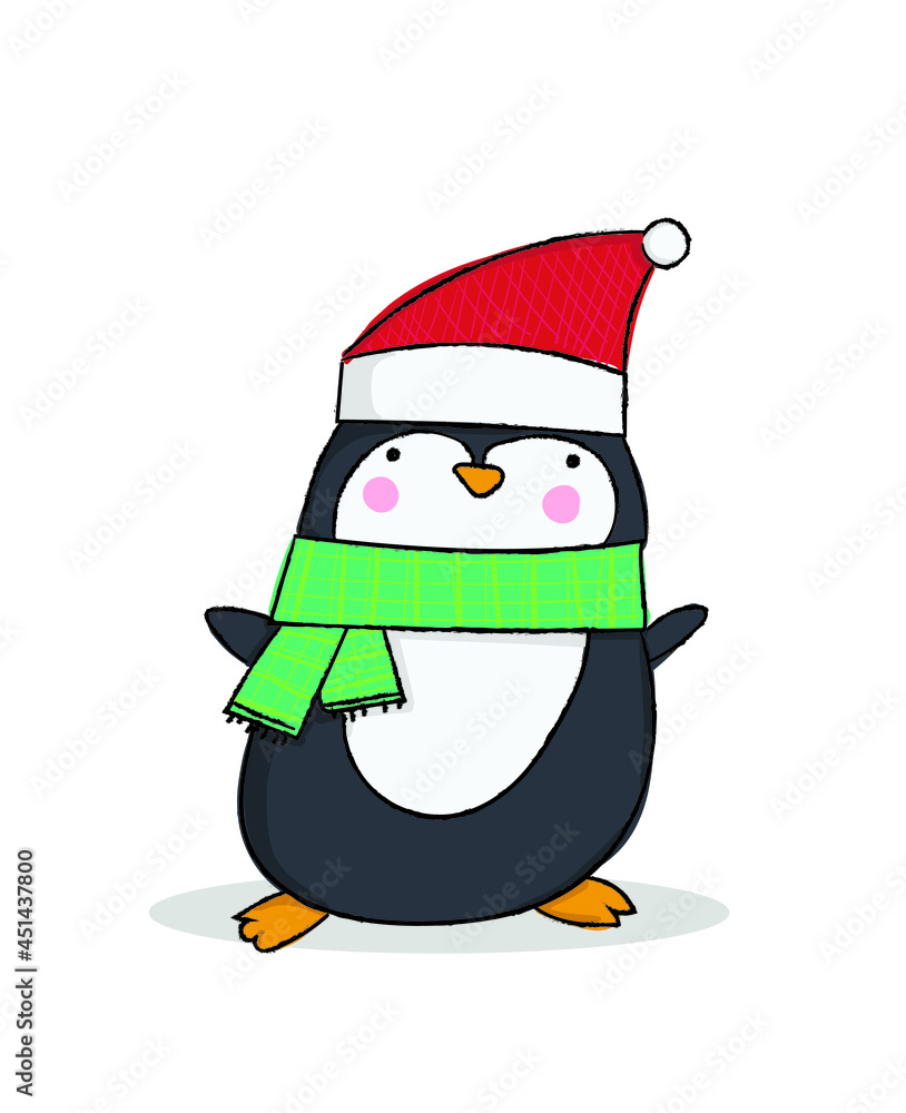 cute penguin wearing a scarf and christmas hat