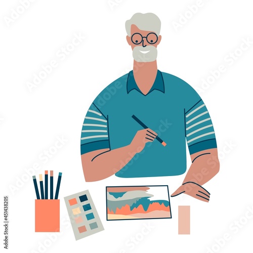 Senior man paints with paints. A retired artist spends time in an art studio and pursues a favorite hobby. Creative activity and leisure. Flat design isolated on white background. 
