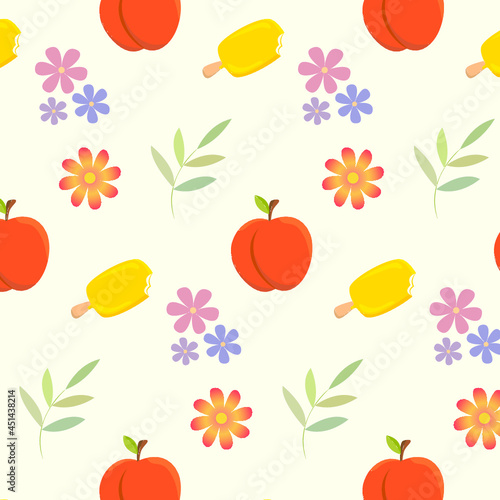 Fototapeta Naklejka Na Ścianę i Meble -  seamless summer pattern with peach and flowers