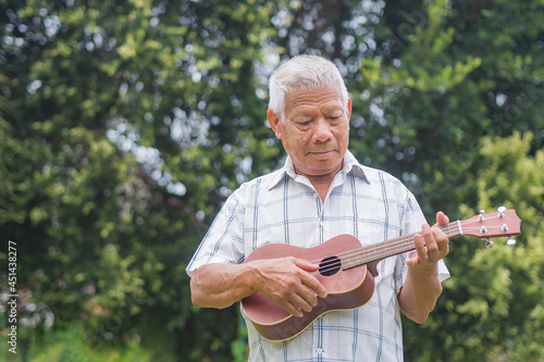 A happy senior man with short gray hair playing the ukulele, holding and looking at the ukulele while standing in a garden. Enjoy life after retiring. Concept of aged people and relaxation photo