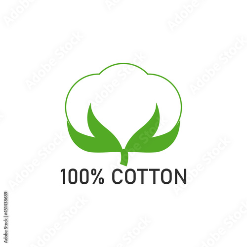 100 percent cotton fabric. Vector label and icon on blank background. Isolated drawing.