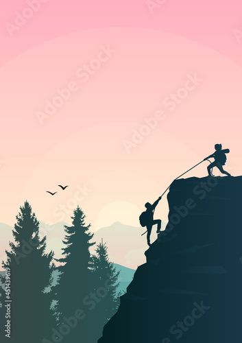 Climb to the top of the mountain. Travel concept of discovering, exploring, observing nature. Hiking tourism. Adventure. Minimalist graphic flyer. Polygonal flat design illustration