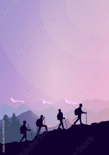 Team tourists strolling mountain forest. Travel concept of discovering, exploring, observing nature. Hiking tourism. Adventure. Minimalist graphic flyer. Polygonal flat design illustrations