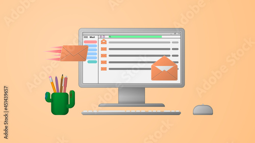 Postal service concept. Computer with an open mail site page. Web vector illustration.