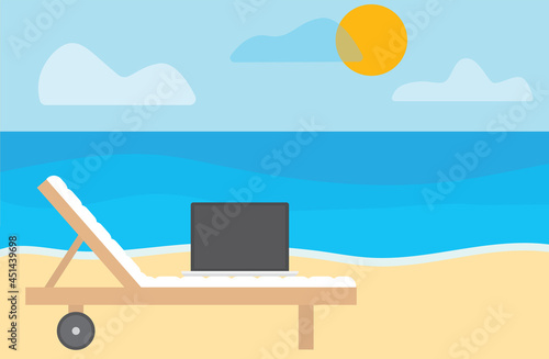 workation, working remotely on a laptop from tropical beach- vector illustration