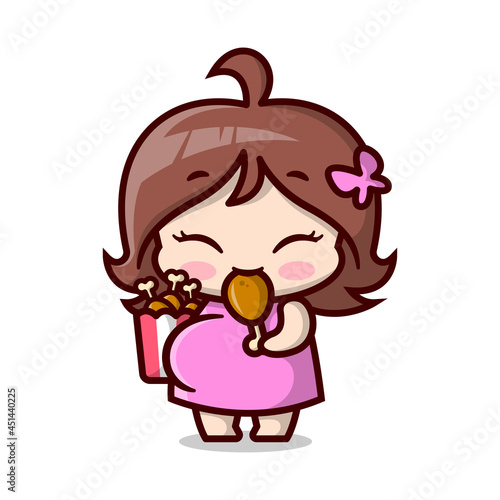 Cute pregnant mom is eating a bucket of chicken leg. High quality cartoon illustration.