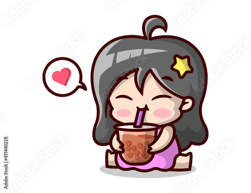 Cute pregnant woman is drinking a cup of boba. High quality cartoon illustration.