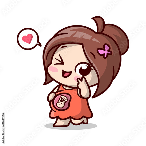 Cute cheerful pregnant woman is smiling with her unborn baby. High quality cartoon illustration.