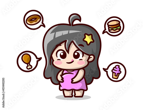 Cute pregnant woman is thinking about foods. High quality cartoon illustration.