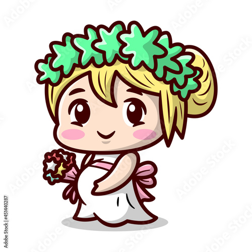 Cute blonde pregnant woman is wearing wedding dress. High quality cartoon illustration.