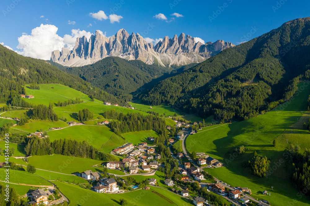 High angle shot of the beautiful village Santa Maddalena in Dolomites, Italy