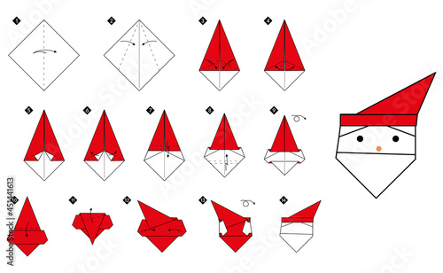 How to make simple origami santa claus head. Step by step color DIY instructions. Outline vector illustration.