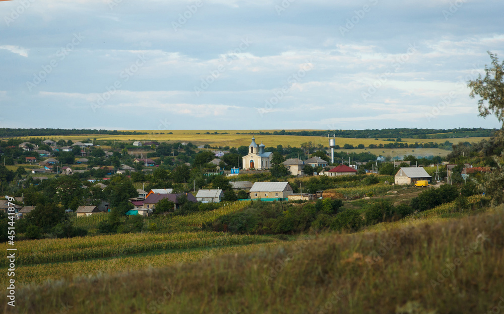 Infrastructure of suburb, house and street against background of fields in summer Infrastructure of suburb, house and street against background of fields in summer