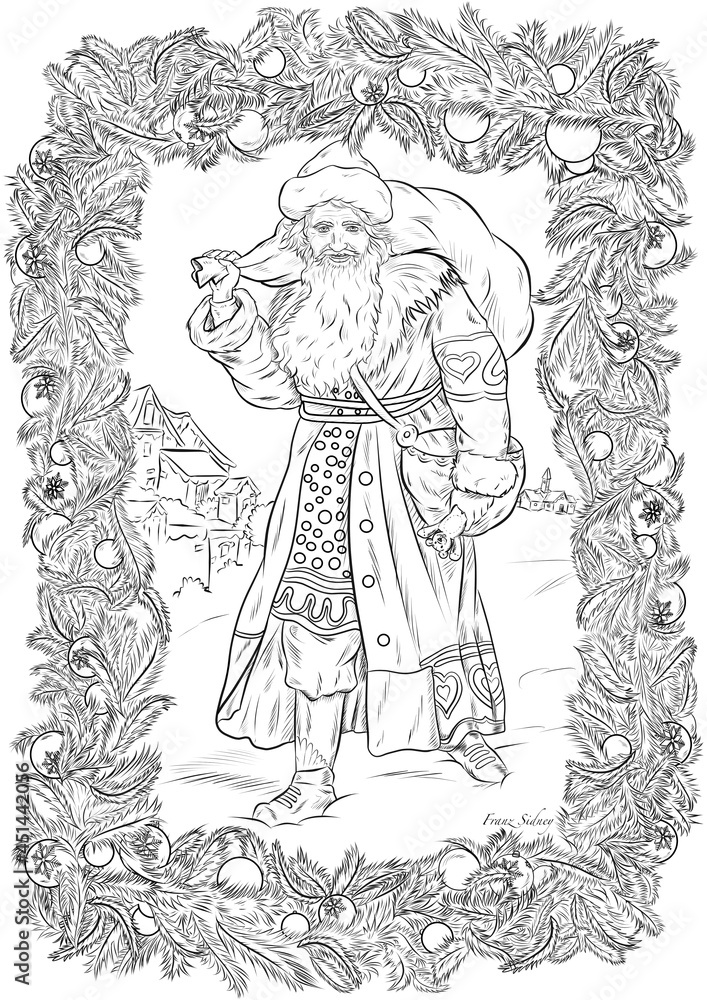 Naklejka premium Traditional drawing of Santa Klaus with frame for greeting card