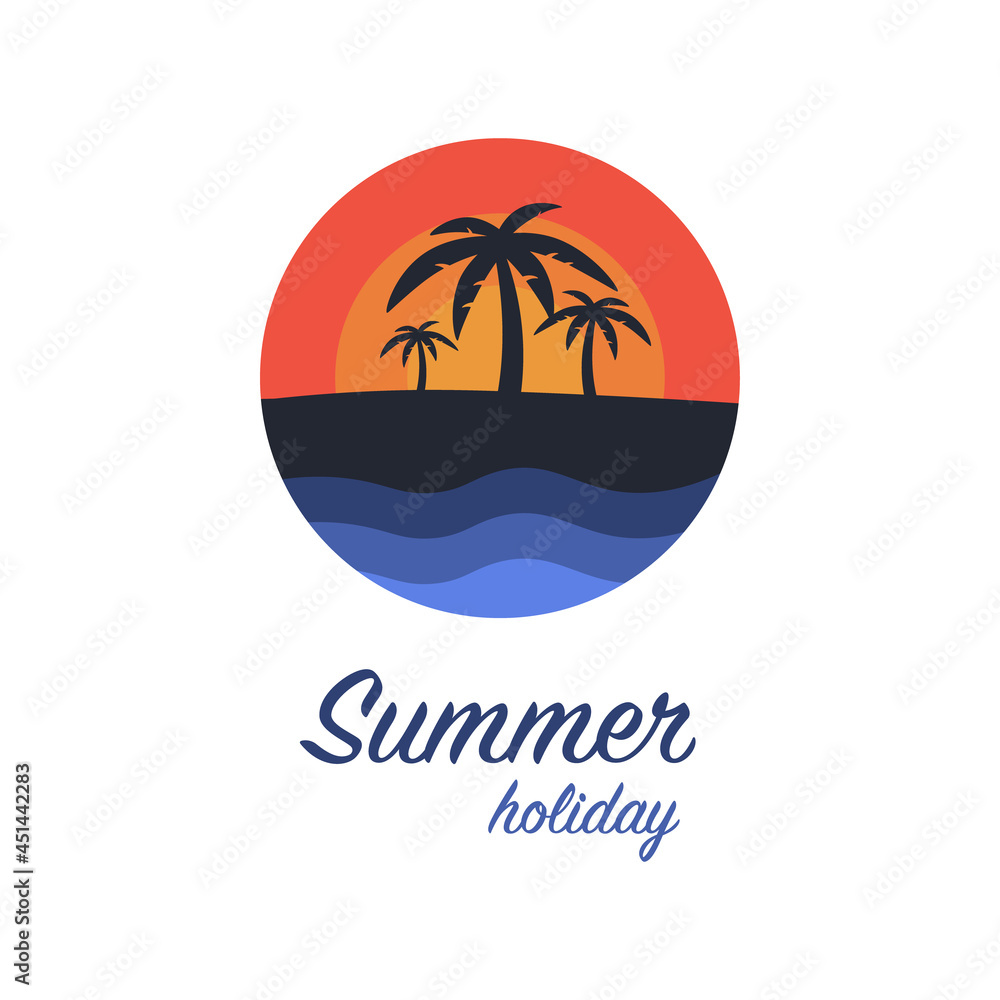 Summer Holiday Vector Logo Illustration. Water ocean waves with sun, palm tree and beach, for restaurant and hotel. 