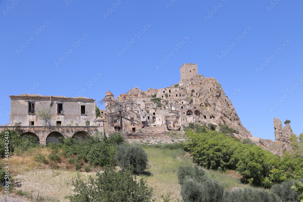 Scenic view of Craco ruins, ghost town abandoned after a landslide, Basilicata region, southern Italy