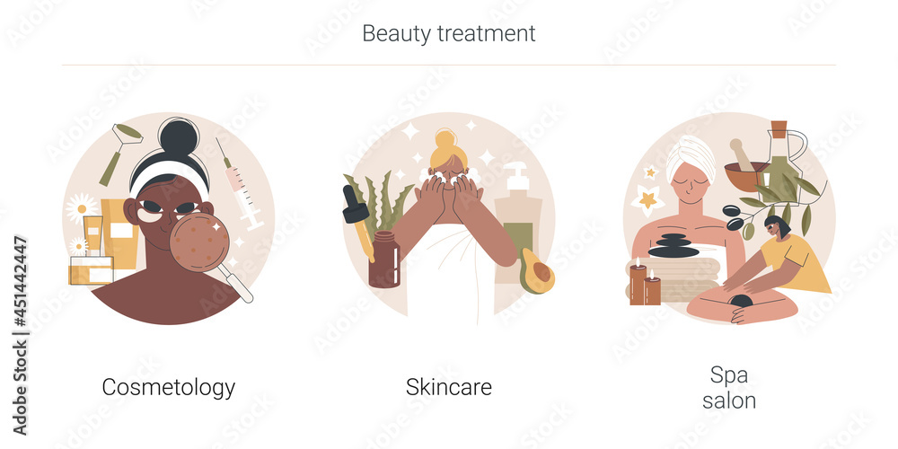 Beauty treatment abstract concept vector illustration set. Cosmetology and skincare, spa salon, anti age therapy, body care, wellness and relax massage, face natural cosmetic abstract metaphor.
