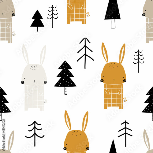 Vector hand-drawn color childrens seamless repeating pattern with cute bunny and christmas trees on a white background. Creative kids forest texture for fabric, wrapping, textile, wallpaper, apparel.