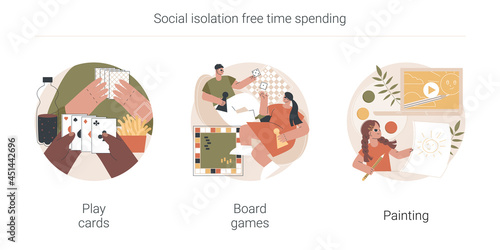 Social isolation free time spending abstract concept vector illustration set. Play cards, board games, painting, home sitting activities, family fun idea, painter online course abstract metaphor.